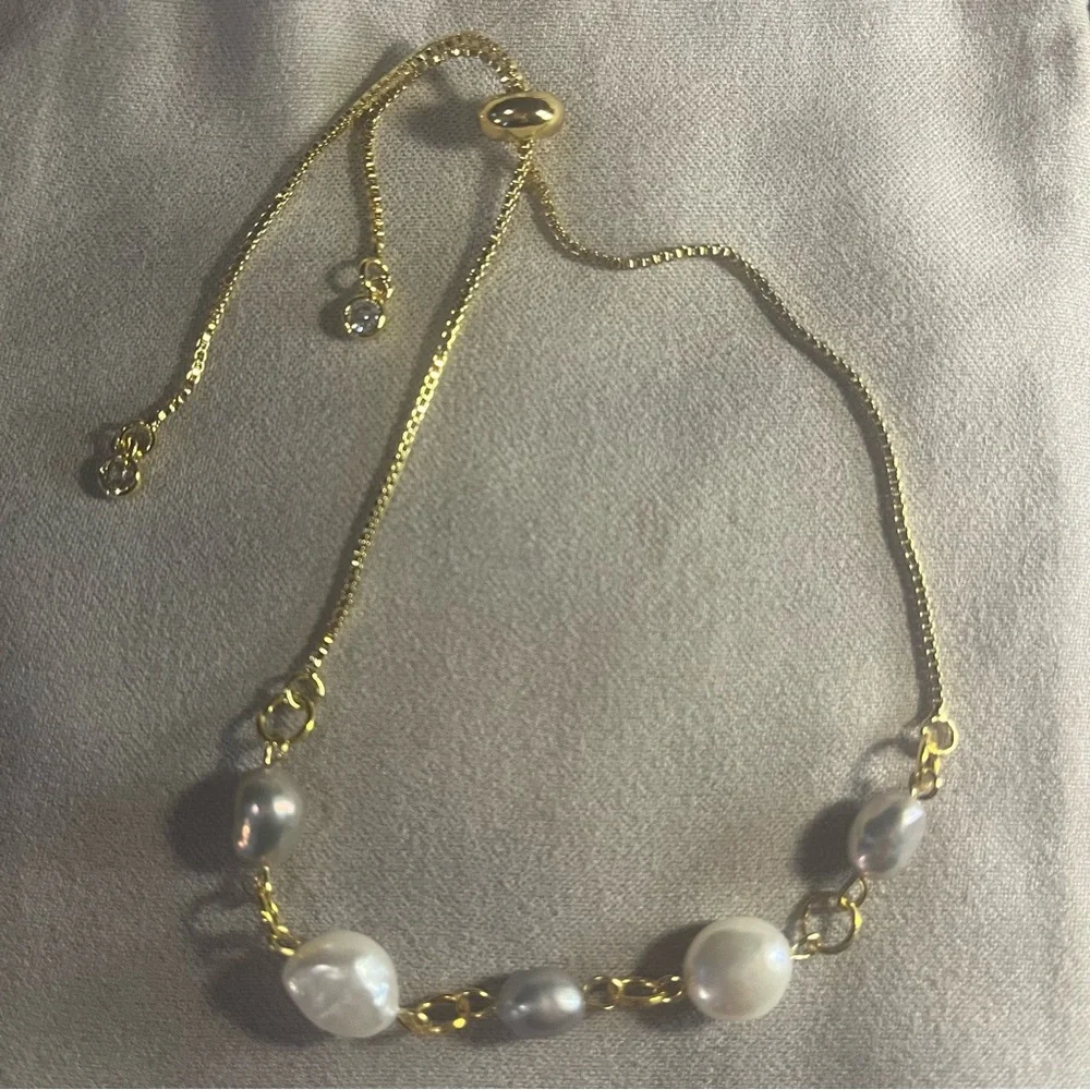 Natural Freshwater Pearl Adjustable Bracelet Handmade NWT Gold White - Picture 3 of 5